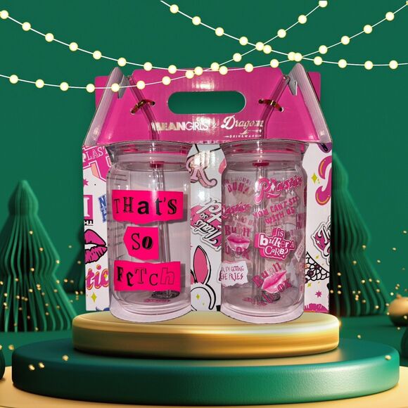 Mean Girls X Dragon Glassware Drinking Glasses With Glass Straws NEW Rare - Picture 1 of 5